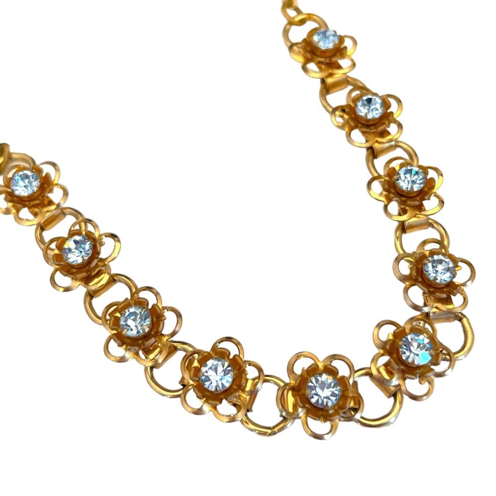 Vintage 1950s Floral Rhinestone Necklace Blue Gold Tone Rivet Construction - 2S